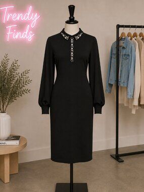 Karl Lagerfeld Black Embellished Long Sleeve Dress